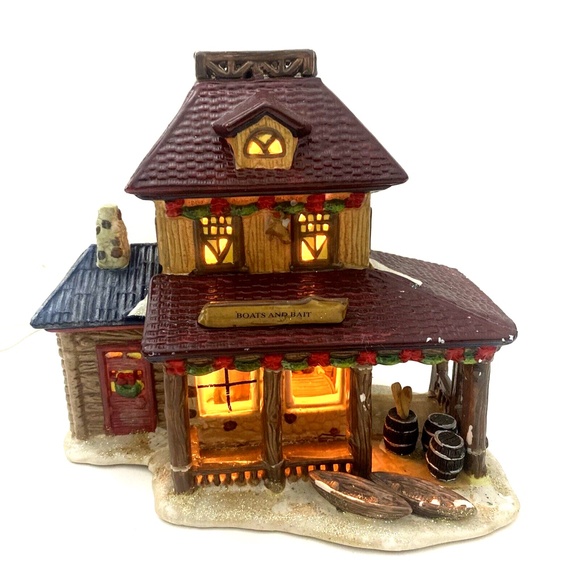 Lighted Village House Porcelain Hand Painted Boats and Bait House Decoration - Picture 1 of 6